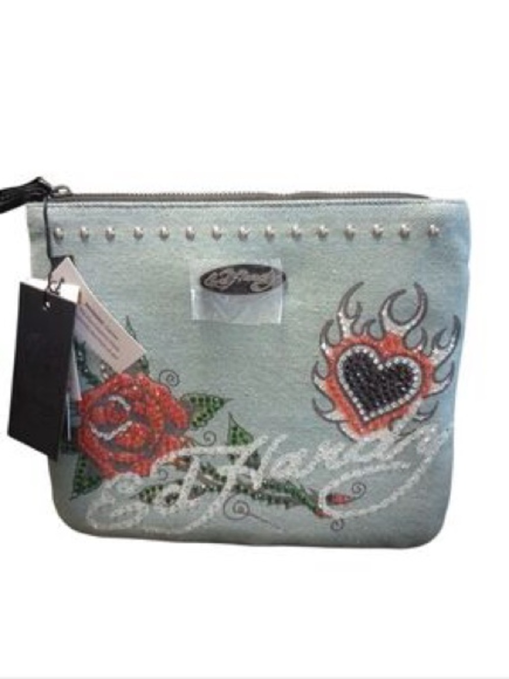 Ed Hardy Light Blue Rhinestone Heart & Rose Zip Clutch